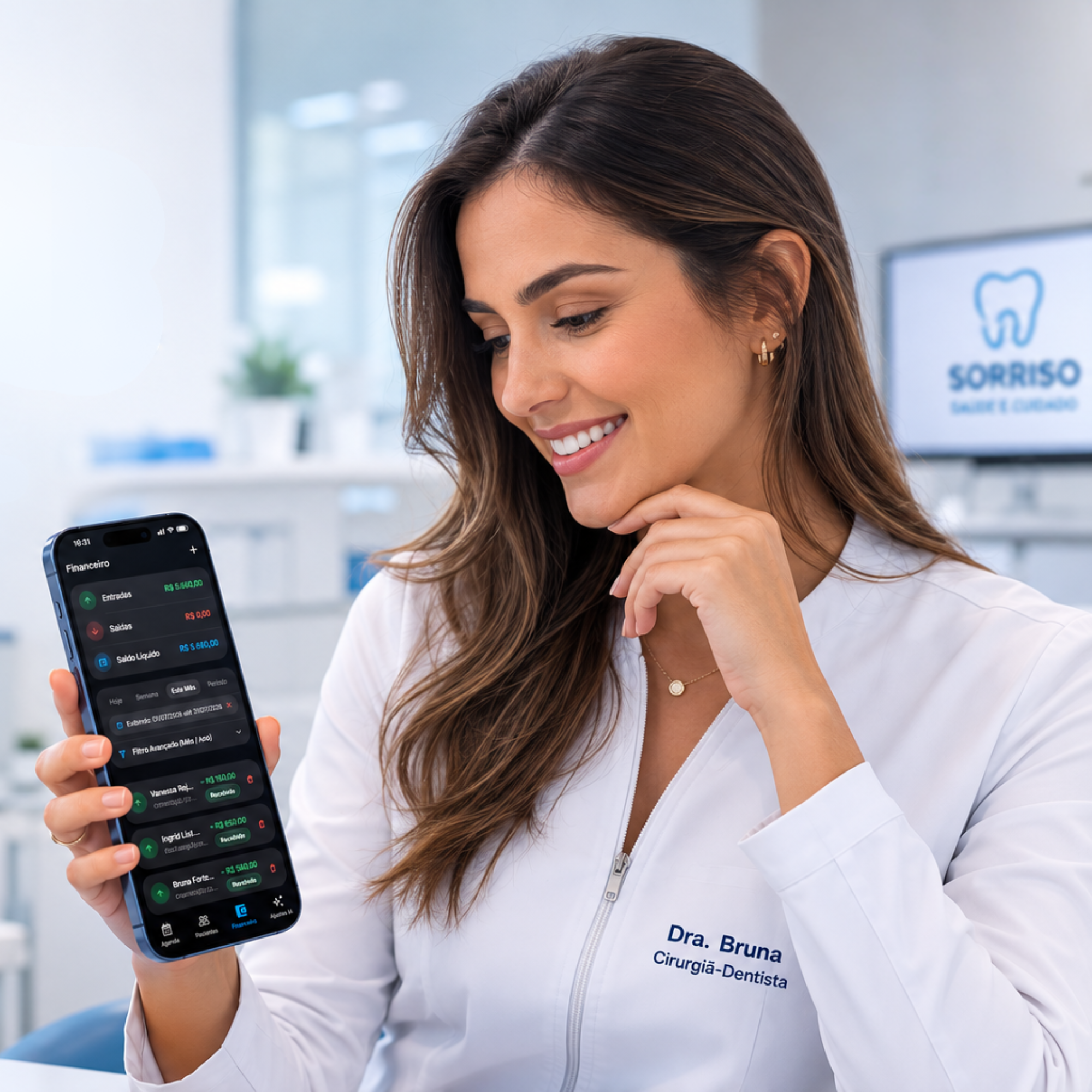 Dentista usando o financeiro do Lyra para controlar faturamento, recebimentos, despesas e relatórios